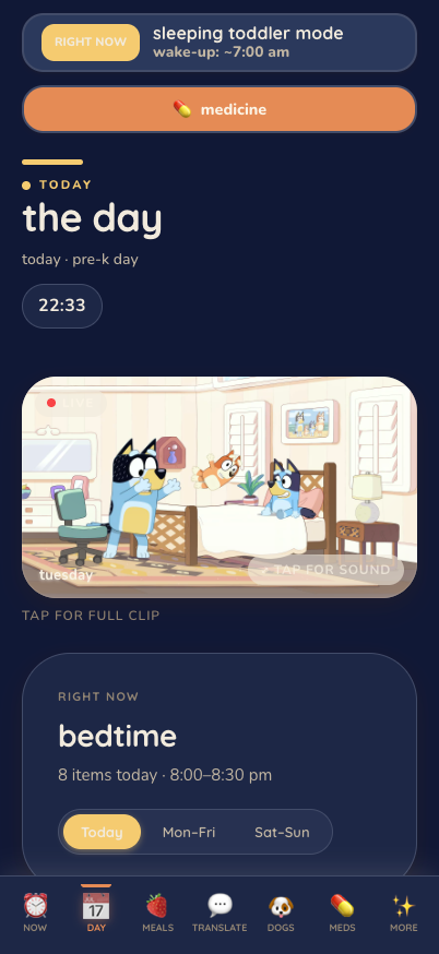 The Day page: "TODAY — the day — today · pre-k day," a Bluey bedroom clip labeled "tuesday," and a "RIGHT NOW: bedtime · 8 items today · 8:00–8:30 pm" card with Today / Mon-Fri / Sat-Sun tabs.